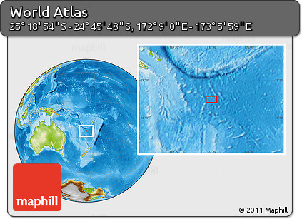 Physical Location Map of the Area around 25° 2' 21" S, 172° 37' 30" E
