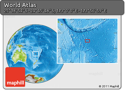 Physical Location Map of the Area around 25° 2' 21" S, 173° 28' 29" E