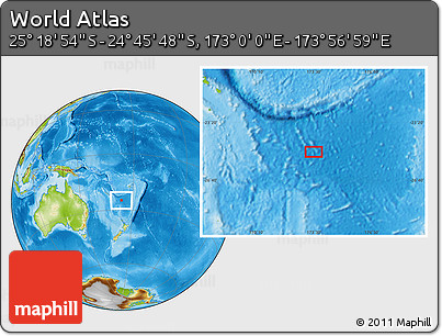 Physical Location Map of the Area around 25° 2' 21" S, 173° 28' 29" E