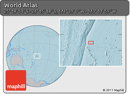 Gray Location Map of the Area around 25° 2' 21" S, 174° 10' 30" W, hill shading