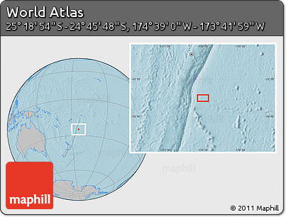 Gray Location Map of the Area around 25° 2' 21" S, 174° 10' 30" W, hill shading