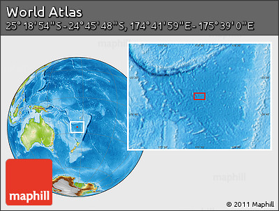 Physical Location Map of the Area around 25° 2' 21" S, 175° 10' 30" E