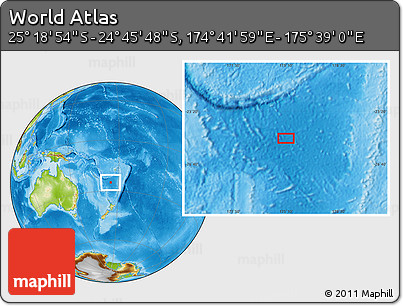 Physical Location Map of the Area around 25° 2' 21" S, 175° 10' 30" E
