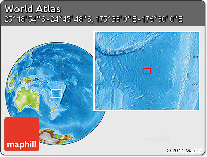 Physical Location Map of the Area around 25° 2' 21" S, 176° 1' 30" E