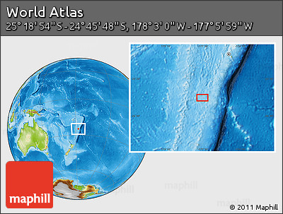 Physical Location Map of the Area around 25° 2' 21" S, 177° 34' 29" W
