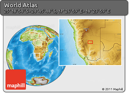 Physical Location Map of the Area around 25° 2' 21" S, 17° 55' 29" E