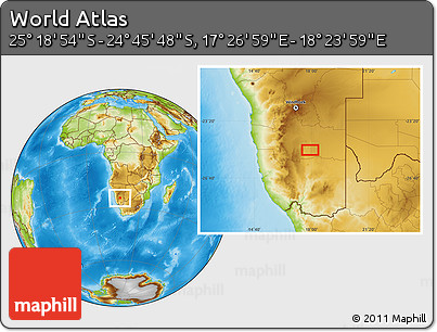 Physical Location Map of the Area around 25° 2' 21" S, 17° 55' 29" E