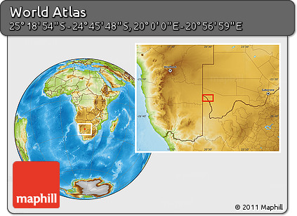 Physical Location Map of the Area around 25° 2' 21" S, 20° 28' 30" E