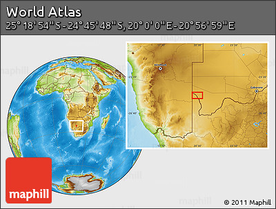 Physical Location Map of the Area around 25° 2' 21" S, 20° 28' 30" E