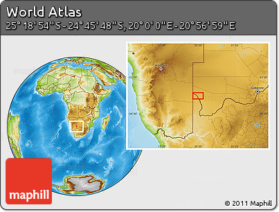 Physical Location Map of the Area around 25° 2' 21" S, 20° 28' 30" E