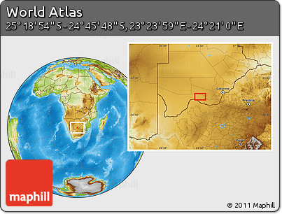 Physical Location Map of the Area around 25° 2' 21" S, 23° 52' 30" E