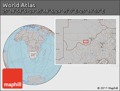 Gray Location Map of the Area around 25° 2' 21" S, 24° 43' 30" E, hill shading