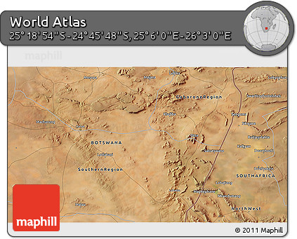 Satellite 3D Map of the Area around 25° 2' 21" S, 25° 34' 30" E