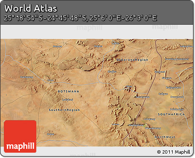Satellite 3D Map of the Area around 25° 2' 21" S, 25° 34' 30" E