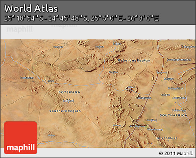 Satellite 3D Map of the Area around 25° 2' 21" S, 25° 34' 30" E