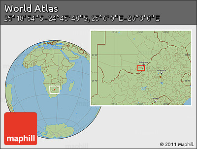 Savanna Style Location Map of the Area around 25° 2' 21" S, 25° 34' 30" E