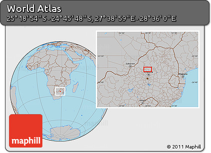 Gray Location Map of the Area around 25° 2' 21" S, 28° 7' 30" E