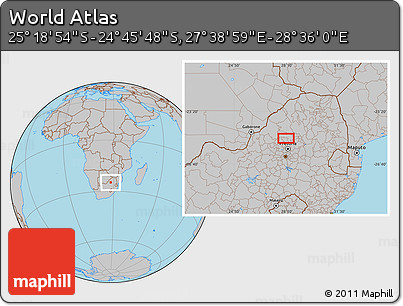 Gray Location Map of the Area around 25° 2' 21" S, 28° 7' 30" E