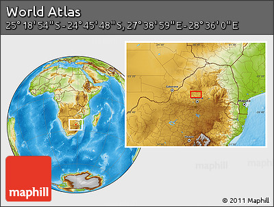 Physical Location Map of the Area around 25° 2' 21" S, 28° 7' 30" E