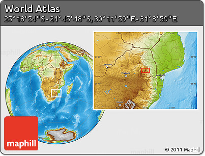Physical Location Map of the Area around 25° 2' 21" S, 30° 40' 29" E