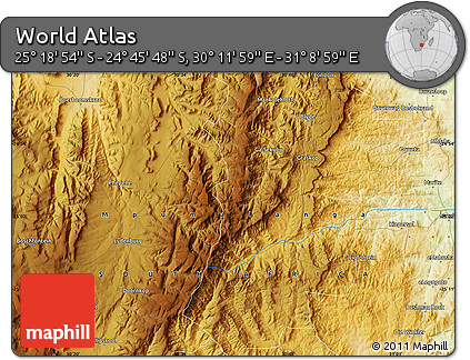 Physical Map of the Area around 25° 2' 21" S, 30° 40' 29" E