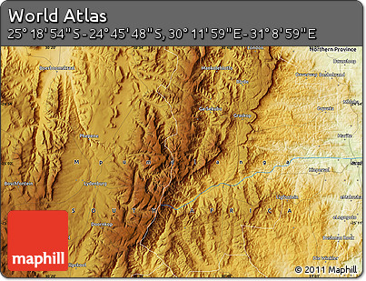 Physical Map of the Area around 25° 2' 21" S, 30° 40' 29" E