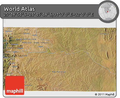 Satellite 3D Map of the Area around 25° 2' 21" S, 31° 31' 29" E