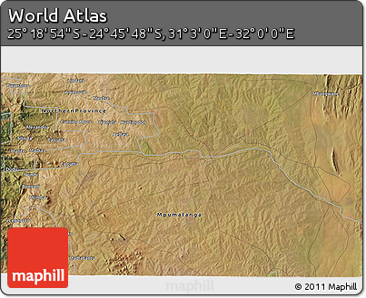 Satellite 3D Map of the Area around 25° 2' 21" S, 31° 31' 29" E