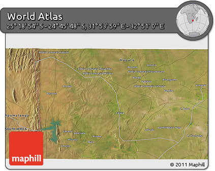 Satellite 3D Map of the Area around 25° 2' 21" S, 32° 22' 30" E