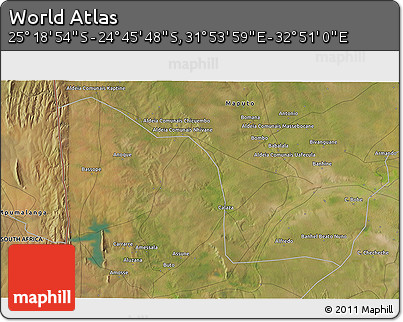 Satellite 3D Map of the Area around 25° 2' 21" S, 32° 22' 30" E