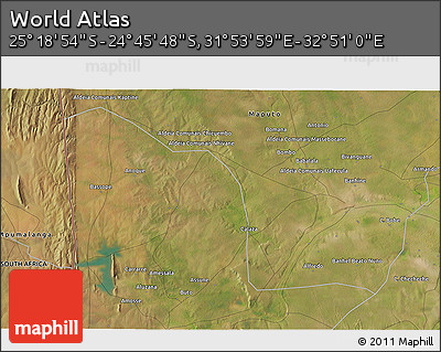 Satellite 3D Map of the Area around 25° 2' 21" S, 32° 22' 30" E