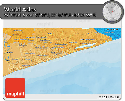 Political 3D Map of the Area around 25° 2' 21" S, 34° 4' 30" E