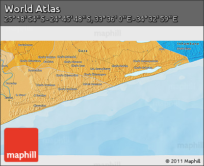 Political 3D Map of the Area around 25° 2' 21" S, 34° 4' 30" E