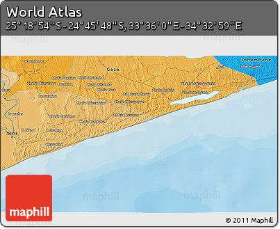 Political 3D Map of the Area around 25° 2' 21" S, 34° 4' 30" E