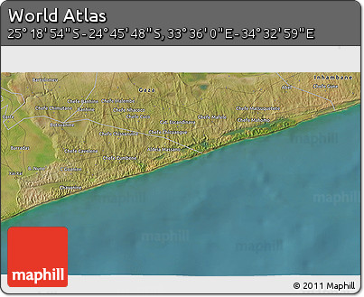 Satellite 3D Map of the Area around 25° 2' 21" S, 34° 4' 30" E