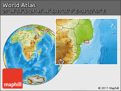 Physical Location Map of the Area around 25° 2' 21" S, 34° 4' 30" E