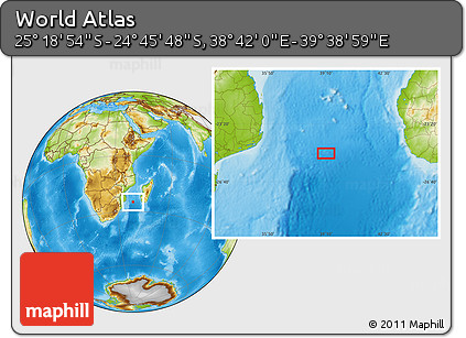 Physical Location Map of the Area around 25° 2' 21" S, 39° 10' 29" E