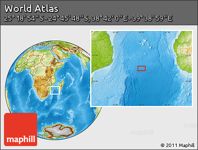 Physical Location Map of the Area around 25° 2' 21" S, 39° 10' 29" E