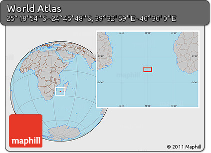 Gray Location Map of the Area around 25° 2' 21" S, 40° 1' 29" E
