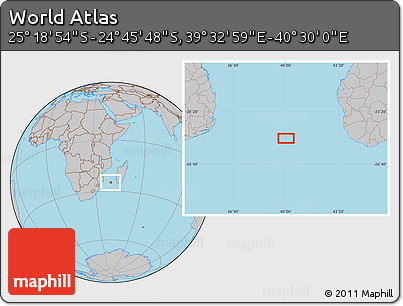 Gray Location Map of the Area around 25° 2' 21" S, 40° 1' 29" E