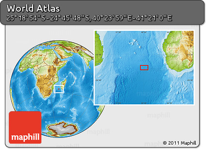 Physical Location Map of the Area around 25° 2' 21" S, 40° 52' 30" E