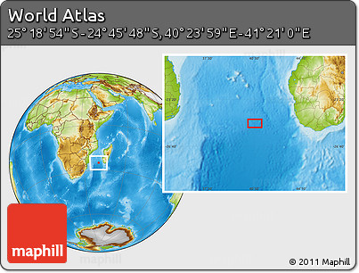 Physical Location Map of the Area around 25° 2' 21" S, 40° 52' 30" E
