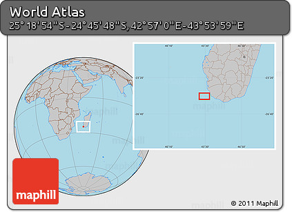 Gray Location Map of the Area around 25° 2' 21" S, 43° 25' 29" E
