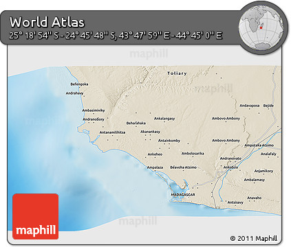 Shaded Relief 3D Map of the Area around 25° 2' 21" S, 44° 16' 29" E