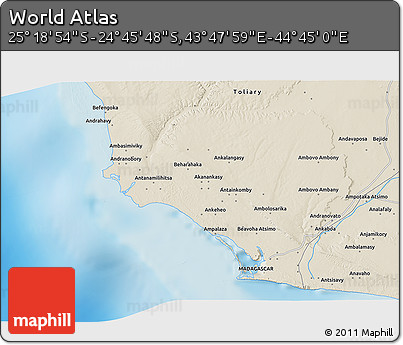 Shaded Relief 3D Map of the Area around 25° 2' 21" S, 44° 16' 29" E