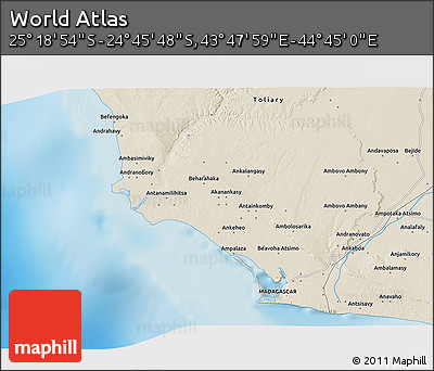 Shaded Relief 3D Map of the Area around 25° 2' 21" S, 44° 16' 29" E