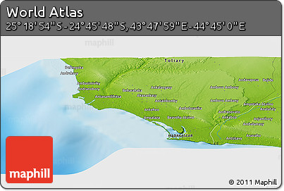 Physical Panoramic Map of the Area around 25° 2' 21" S, 44° 16' 29" E