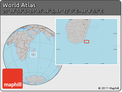 Gray Location Map of the Area around 25° 2' 21" S, 47° 40' 29" E