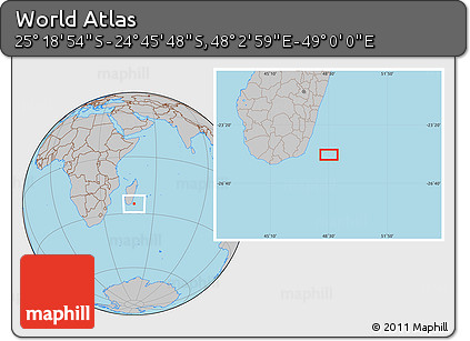 Gray Location Map of the Area around 25° 2' 21" S, 48° 31' 29" E