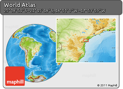 Physical Location Map of the Area around 25° 2' 21" S, 48° 22' 30" W